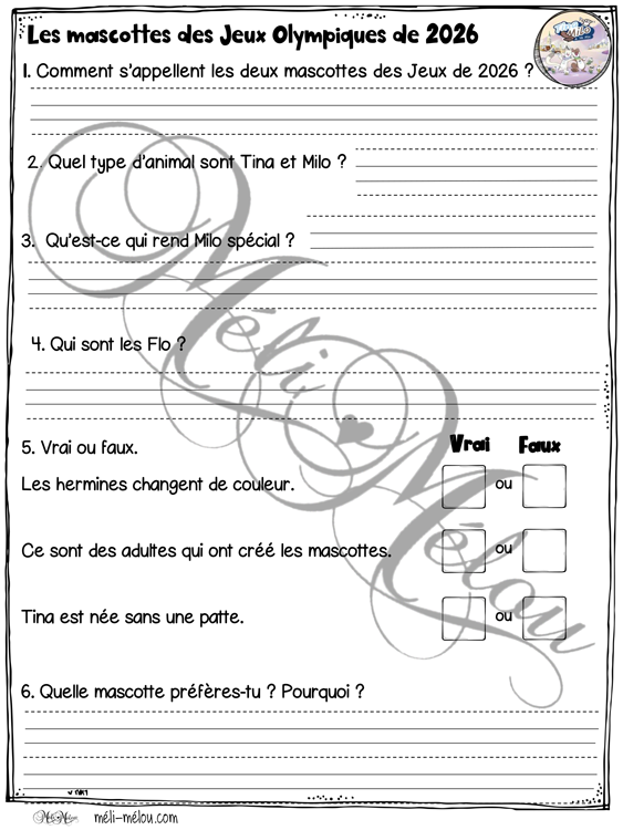 Compréhension de lecture - Tina et Milo-Les mascottes des Jeux olympiques 2026 -2e cycle – Image 3